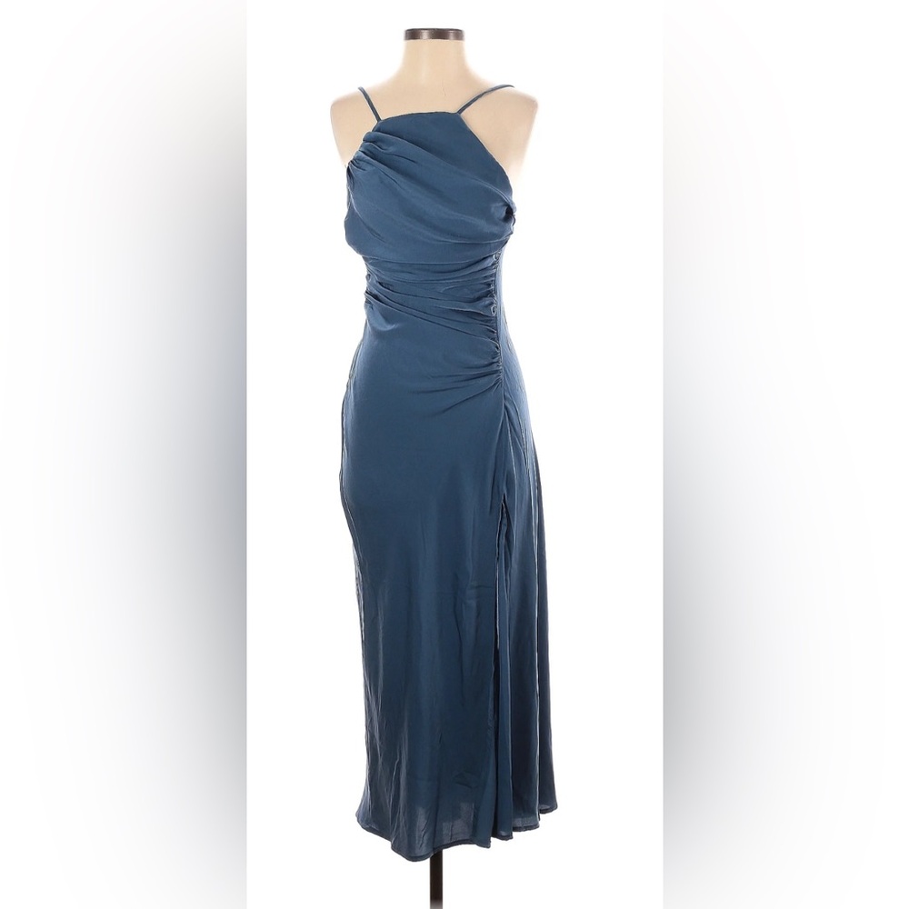ASTRA THE LABEL STEEL BLUE POLYESTER SATIN RUCHED FRONT SIDE SLIT MIDI DRESS XS